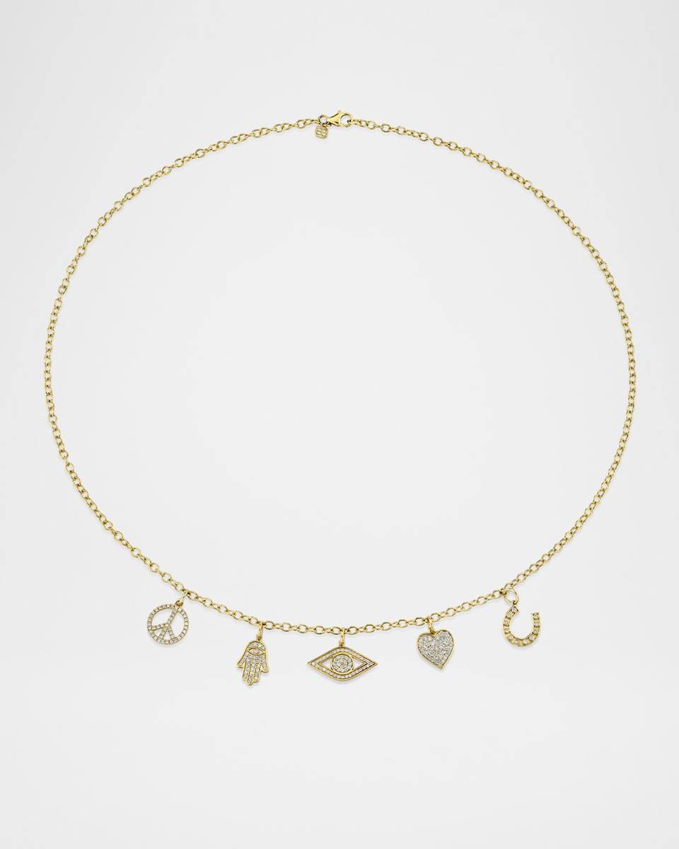 18K Yellow Gold Multi Icon Charm Necklace with Diamonds